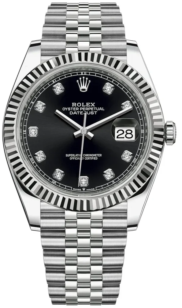 Rolex Datejust 41 Stainless Steel on Jubilee with Diamond Black Dial and Fluted Bezel Super clone