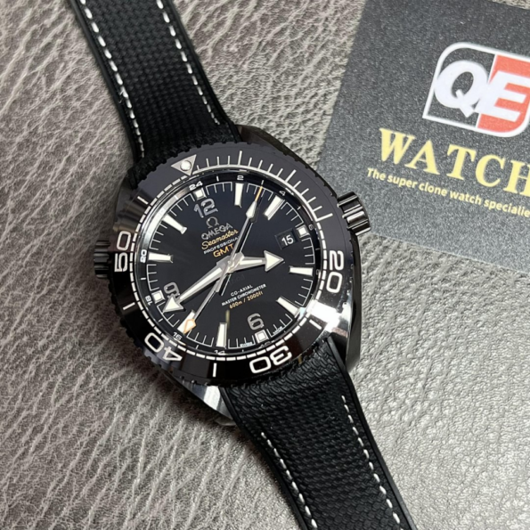 Omega Planet Ocean Deep Black Ceramic GMT Watch on Black Nylon Strap Super Clone - Image 2