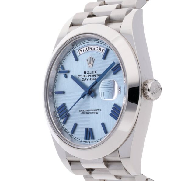 Rolex 950 Platinum Day-Date 40 Watch - Smooth Bezel - Ice Blue Quadrant Motif Bevelled Roman Dial - President Bracelet (Ref # 228206) - Image 2