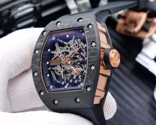 RM 35-02 Black Bezel Rose Gold Hands Black Rubber Strap RUML3 - Image 2