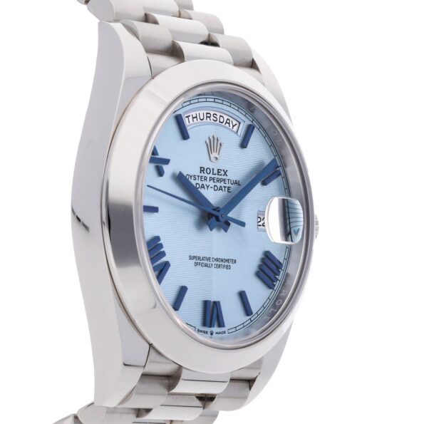 Rolex 950 Platinum Day-Date 40 Watch - Smooth Bezel - Ice Blue Quadrant Motif Bevelled Roman Dial - President Bracelet (Ref # 228206) - Image 3