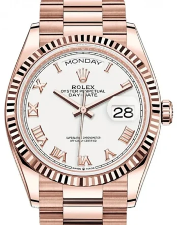 Rolex Everose Gold Day-Date 36/40mm Watch - Fluted Bezel - White Roman Dial - President Bracelet Ref# 128235